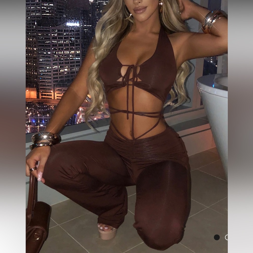 BABY BOO FASHION chocolate brown halter top and lace up flared pants set